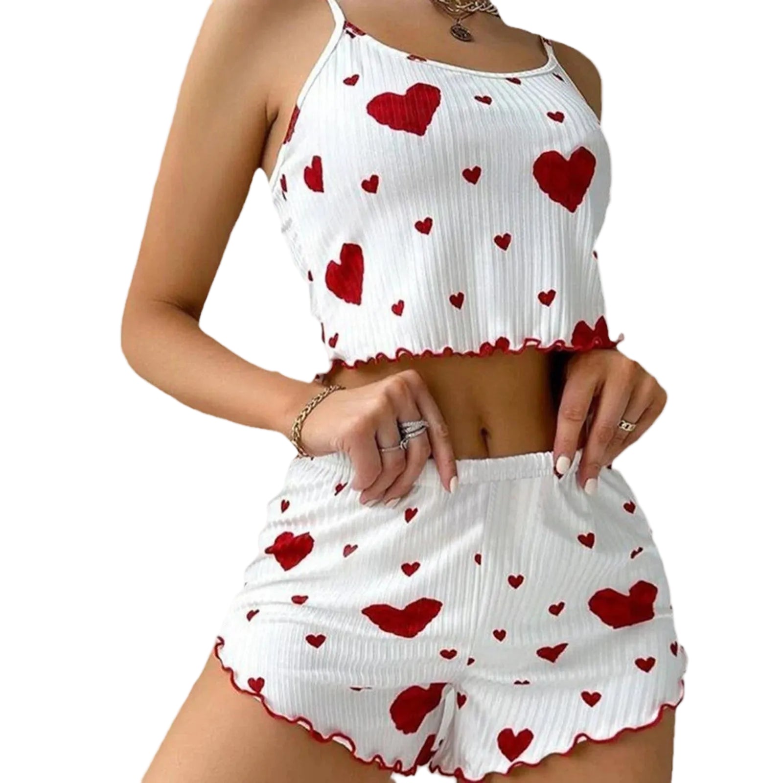 women's heart print pajama set in white, soft cotton, perfect for lounging