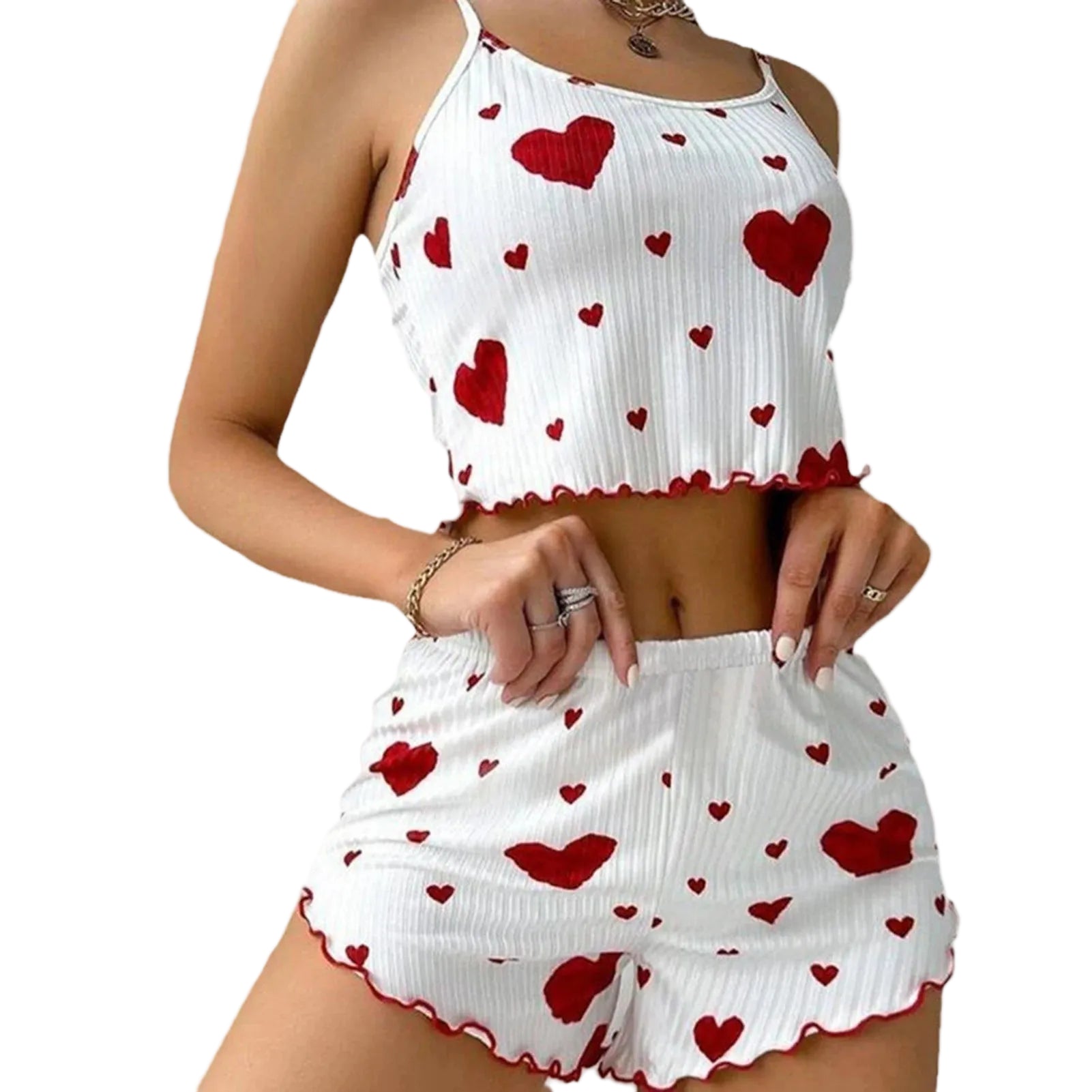 women's heart print pajama set in white, soft cotton, perfect for lounging