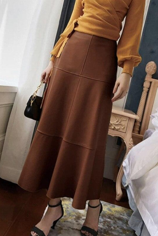 Women's Skirts Womens High Waist Genuine Leather Flared Splicing Skirt