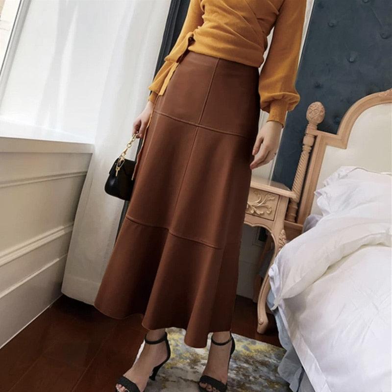 Women's Skirts Womens High Waist Genuine Leather Flared Splicing Skirt