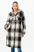 Women's hooded plaid coat in black and white with buttons and front pockets for stylish warmth