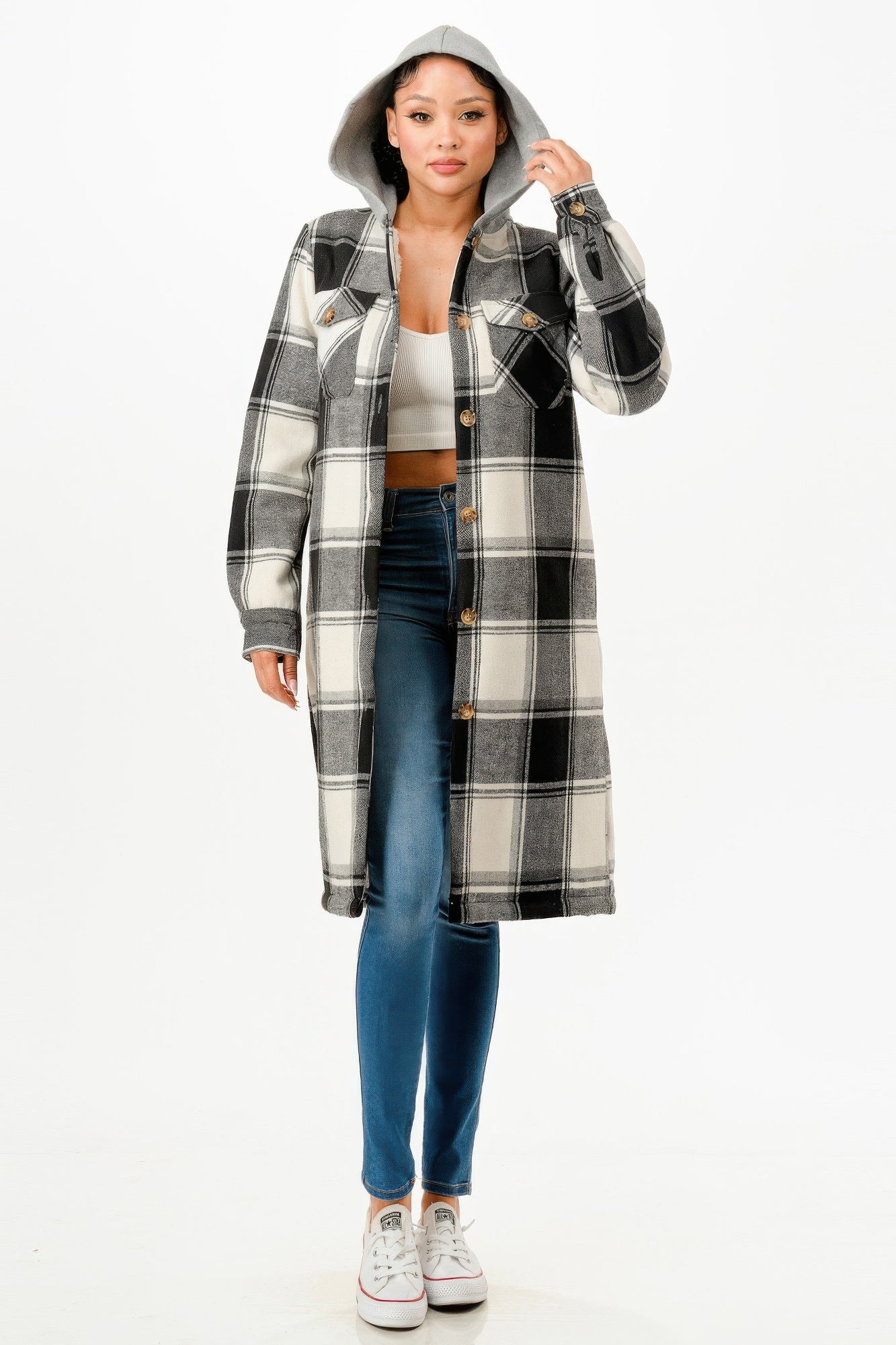 Stylish women's hooded plaid coat in black and white with front buttons for casual wear