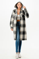 Stylish women's hooded plaid coat in black and white with front buttons for casual wear