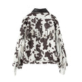 women's jacket puffer in white and black cow print, stylish for casual wear