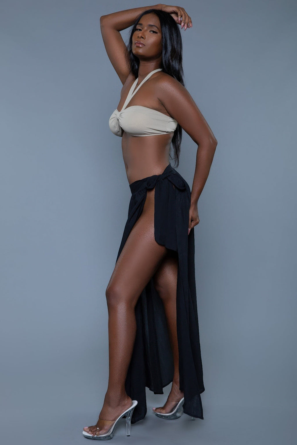 Women's swimwear black cover-up with stylish slit for beachwear