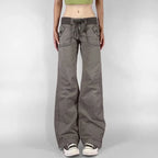 Gray women's jeans with wide legs and drawstring waistband for casual wear