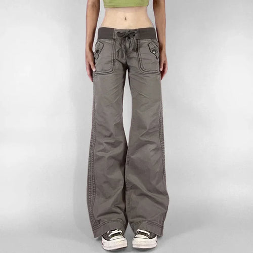 Gray women's jeans with wide legs and drawstring waistband for casual wear