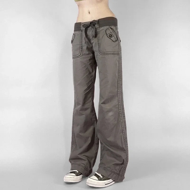 Gray women's jeans with a relaxed fit and adjustable drawstring