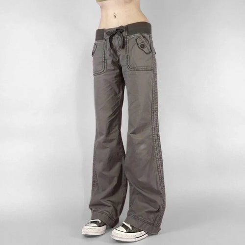 Gray women's jeans with a relaxed fit and adjustable drawstring
