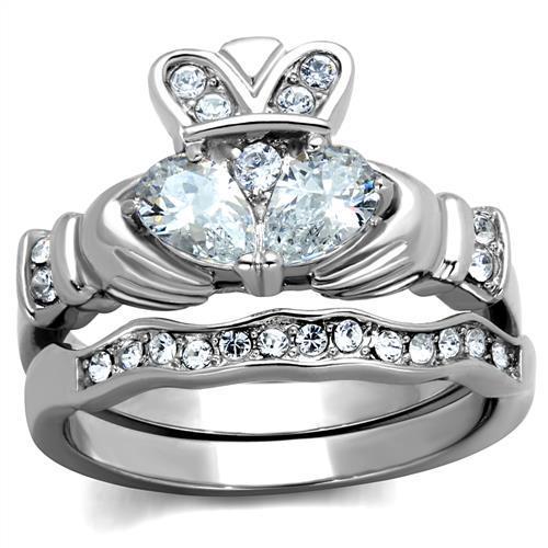 Women's jewelry engagement ring set with sparkling diamonds and silver finish