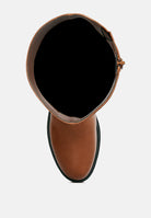 Brown women's knee high boots with a smooth finish and zipper closure for easy wear