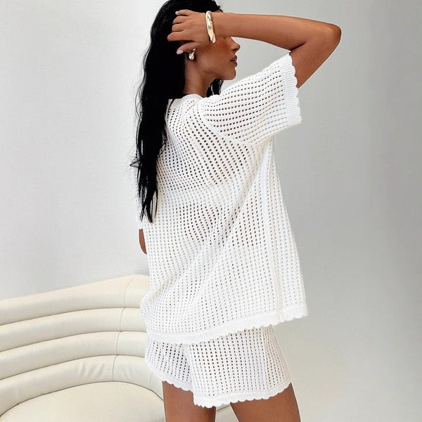 White women's knit two piece set with short sleeves and shorts by Miss Sparkling