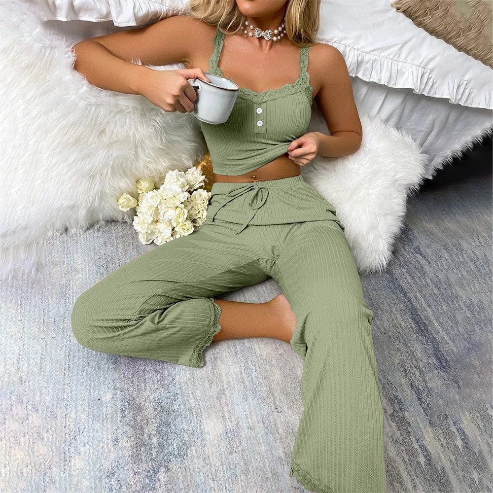 Women's lace trim pajama set in olive green, cozy for lounging