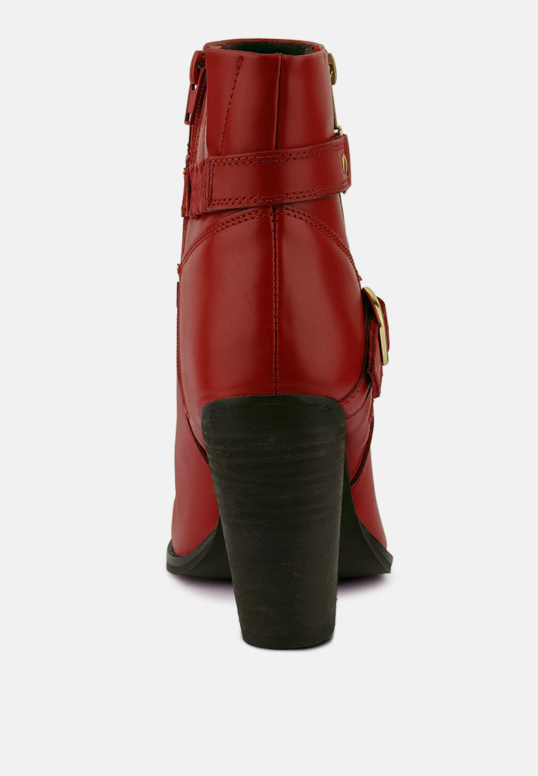 Stylish red women's leather ankle boots with a high heel and buckle detail from London Rag International