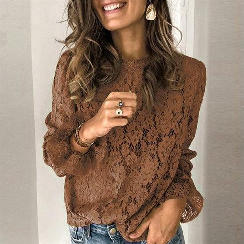 Women's Shirts Womens Long Bell Sleeve Sheer Floral Lace Blouse Tops