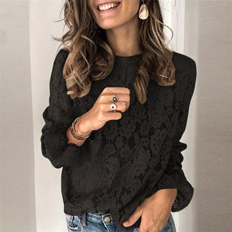 Women's Shirts Womens Long Bell Sleeve Sheer Floral Lace Blouse Tops