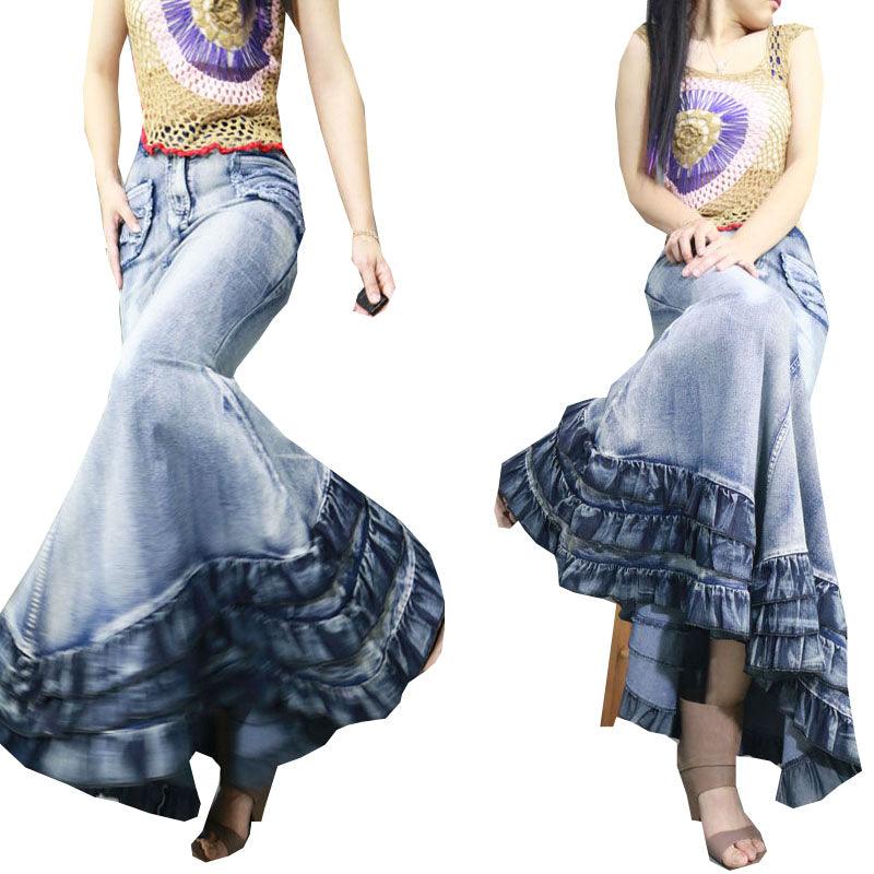 Women's Skirts Womens Long Maxi Jean Skirt Vintage Blue Ruffle Mermaid Hem