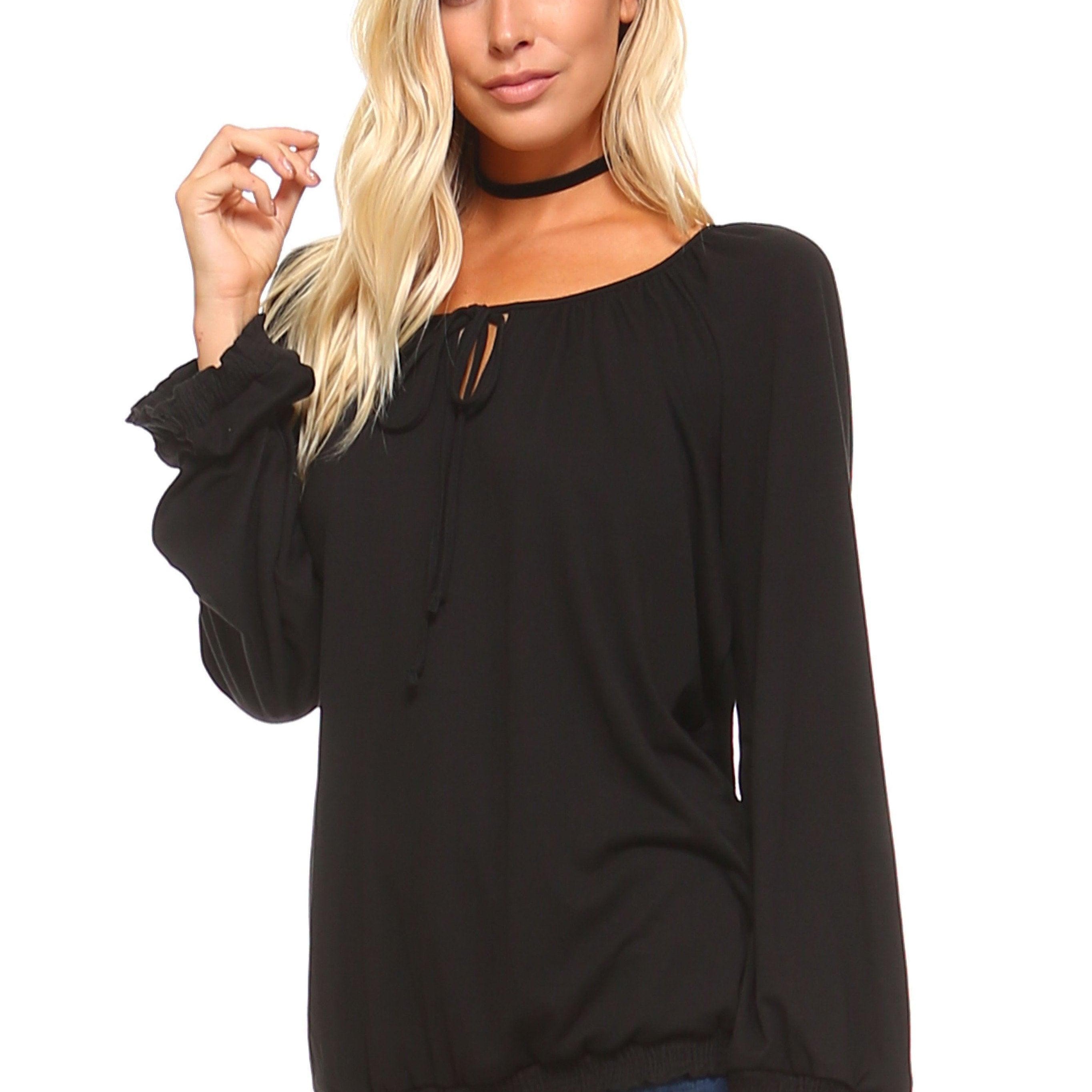 Women's Shirts Womens Long Sleeve Solid Peasant Top Black Red