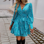 women's long sleeve summer dress in turquoise floral print