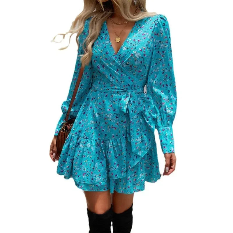 women's long sleeve summer dress in turquoise floral print for casual outings