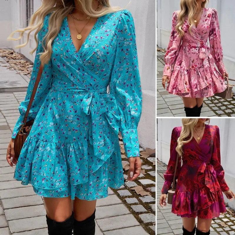 Women's long sleeve summer dress in blue floral design for casual outings