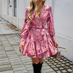 Women's long sleeve summer dress in pink floral design for casual outings
