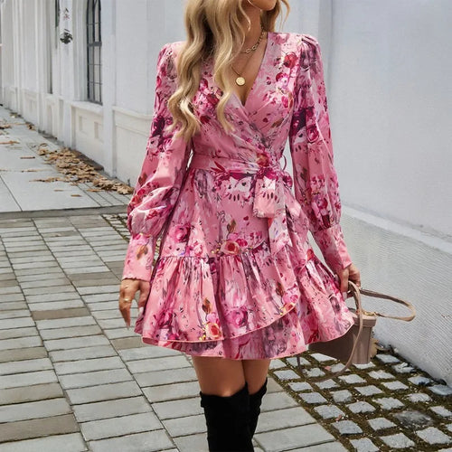 Women's long sleeve summer dress in pink floral design for casual outings