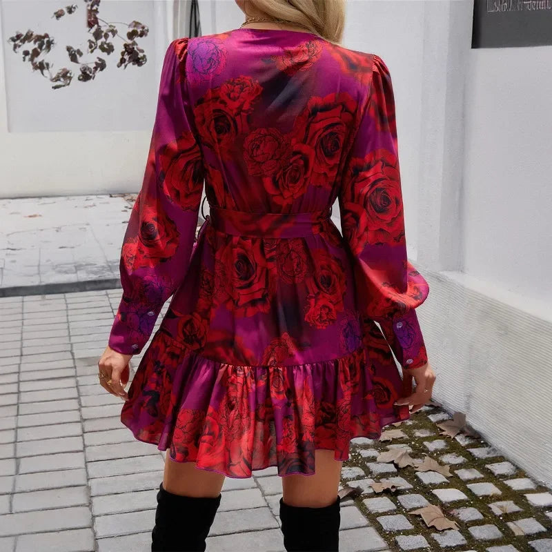 Women's long sleeve summer dress in vibrant rose print, ideal for outdoor events