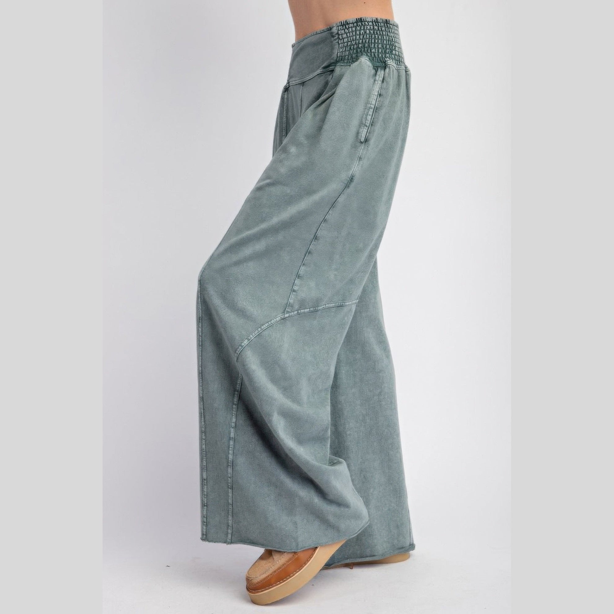VacationGrabs womens loungewear travel pants in gray with wide-leg and smocked waist design