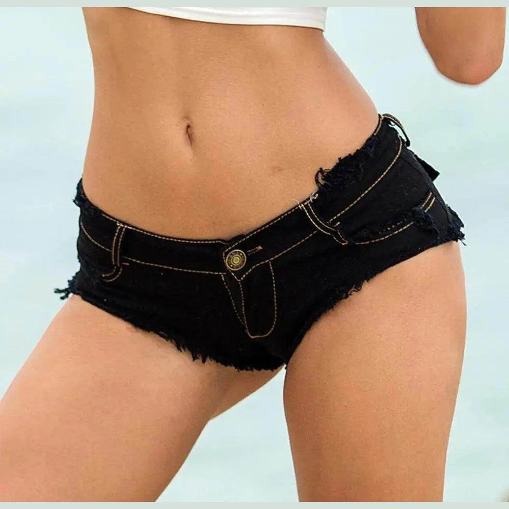 Women's low waist denim shorts in black for summer outings