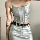 Womens metallic skirt and crop top set in silver with corset-style top and fitted skirt