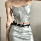 Womens metallic skirt and crop top set in silver with corset-style top and fitted skirt