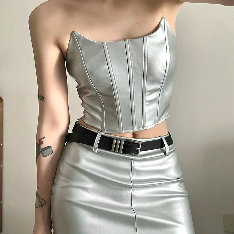 Womens metallic skirt and crop top set in silver with corset-style top and fitted skirt