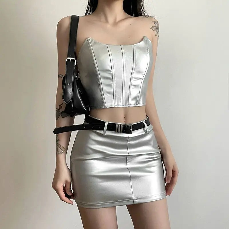 Womens metallic skirt and crop top set in silver with black belt and shoulder bag