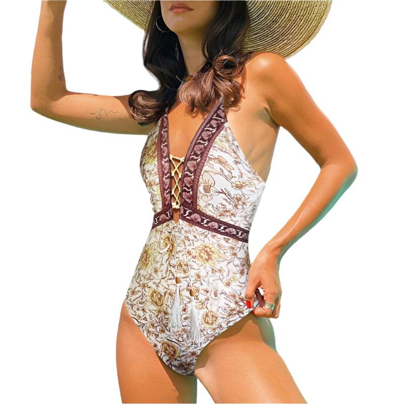 VacationGrabs women's one piece swimwear with floral design and lace-up detail for beach outings