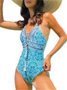 VacationGrabs women's one piece swimwear in blue with lace-up front and tassel detail