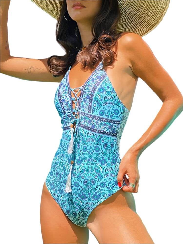 VacationGrabs women's one piece swimwear in blue with lace-up front and tassel detail