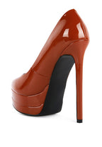Women's patent high heel sandals in glossy burnt orange, perfect for formal events