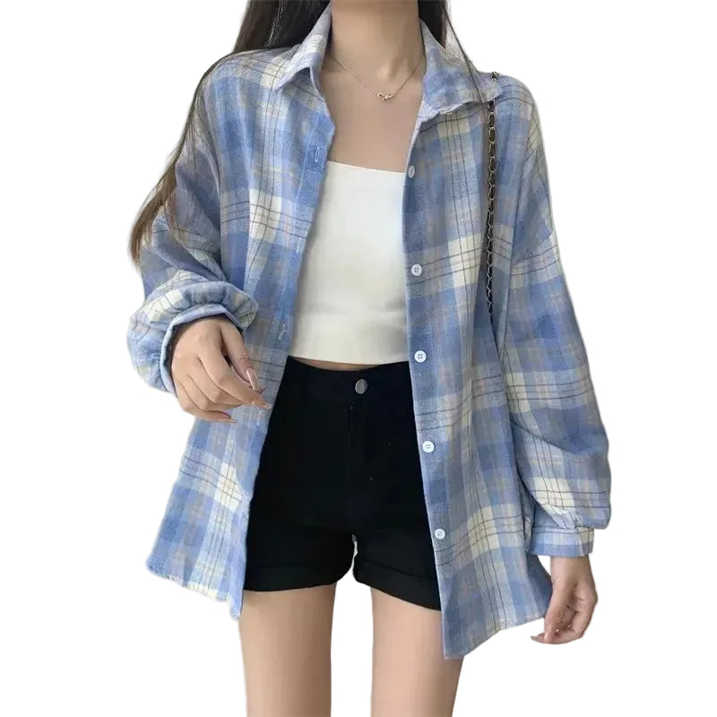 Women's blue plaid shirt for autumn fashion, lightweight and stylish