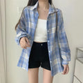 Women's blue plaid shirt for autumn fashion, lightweight and stylish