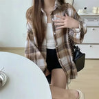 women's plaid shirt autumn fashion in brown and cream, perfect for layering