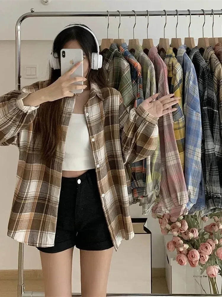 Women's plaid shirt in brown for autumn fashion layering