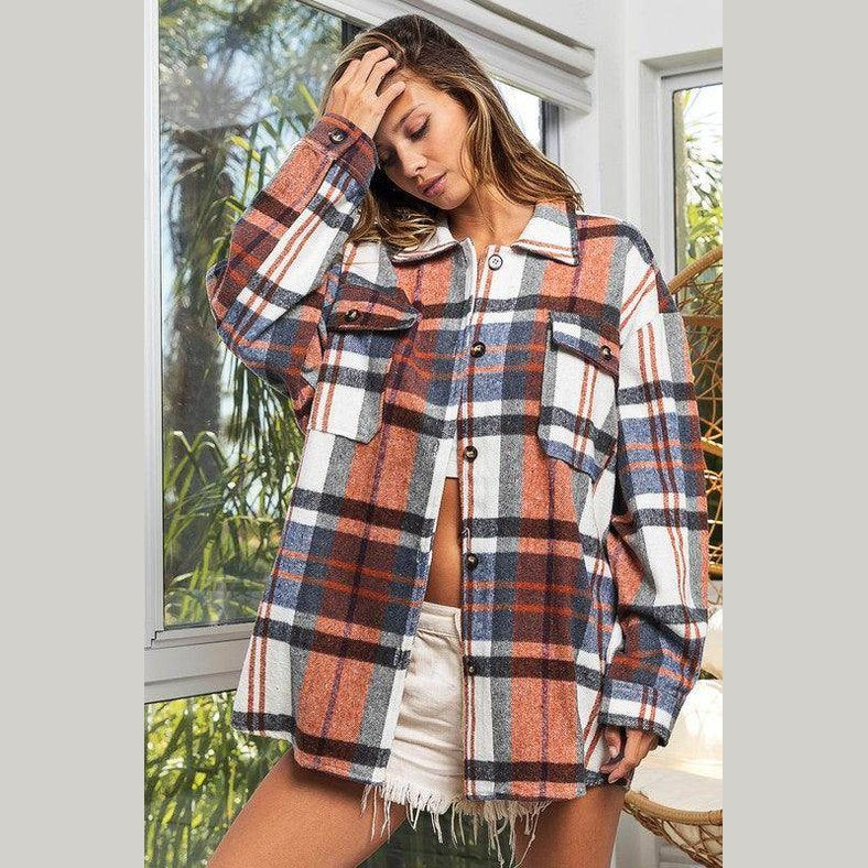 Womens Plaid Textured Shirts with Big Checkered Point - VacationGrabs