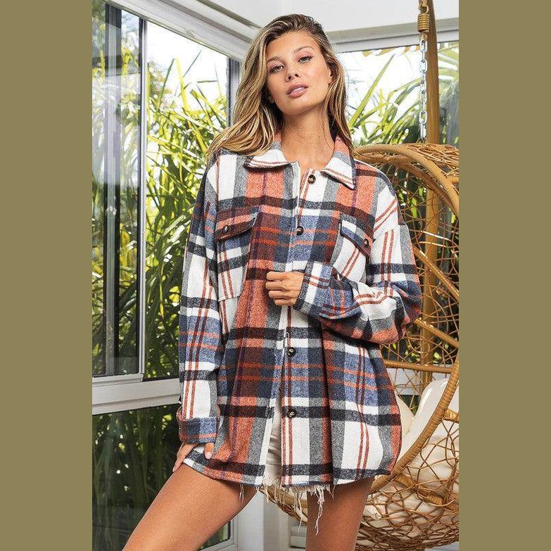 Womens Plaid Textured Shirts with Big Checkered Point - VacationGrabs