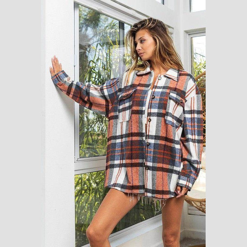 Womens Plaid Textured Shirts with Big Checkered Point - VacationGrabs