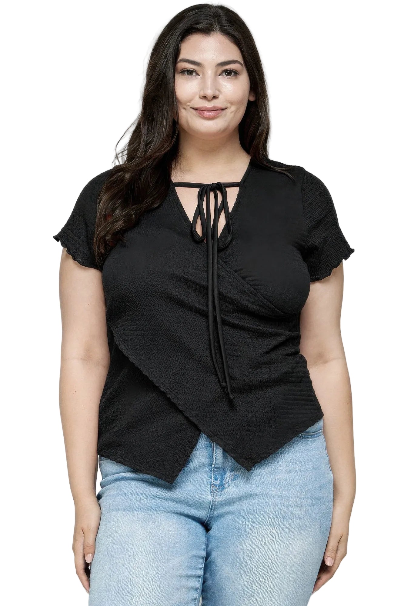 Women's black wrap top, lightweight fabric, perfect for casual outings