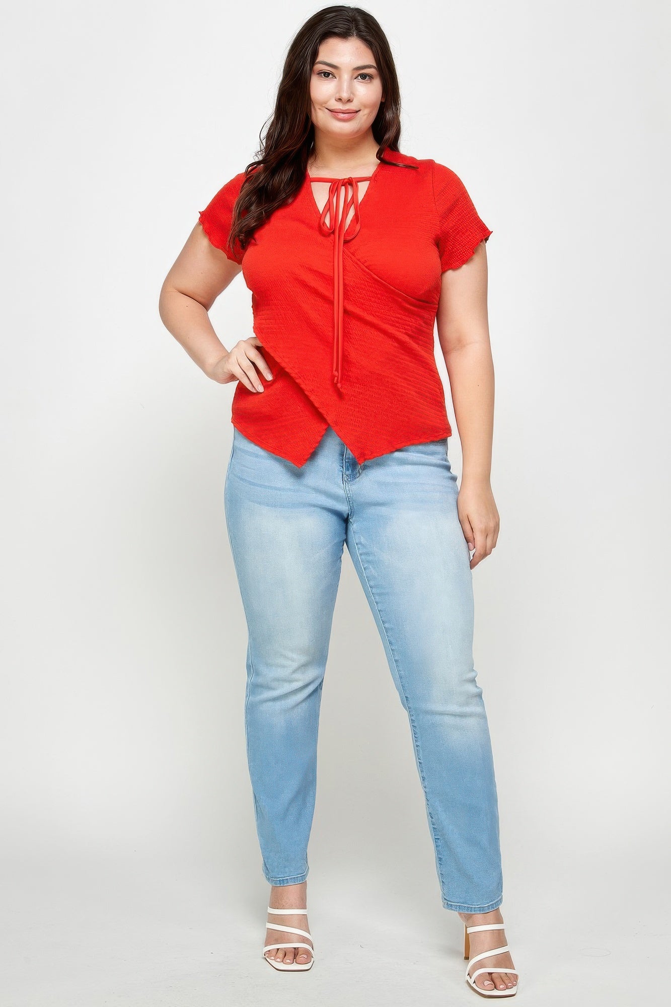 Red plus size clothing for women's shirt with tie neck, casual style