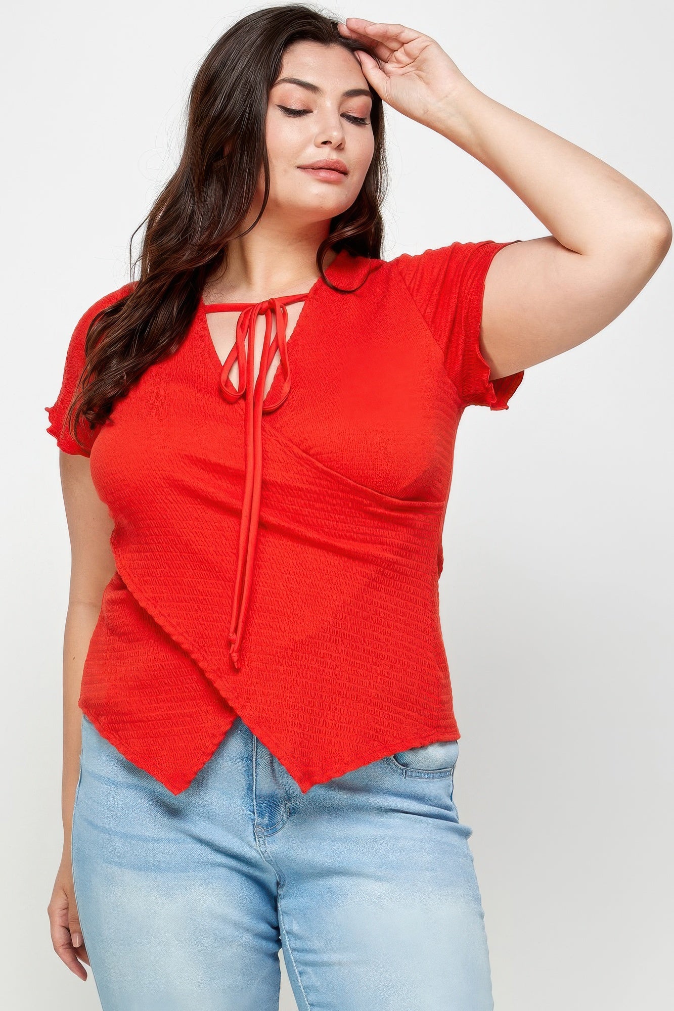 Red plus size clothing for women's shirt with tie detail