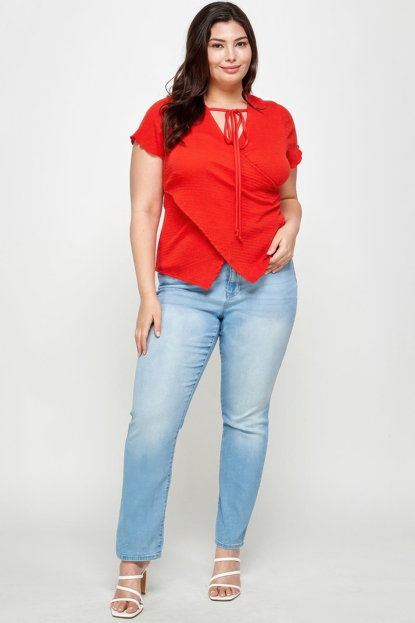 Red plus size clothing for women's shirt with tied neckline, casual wear