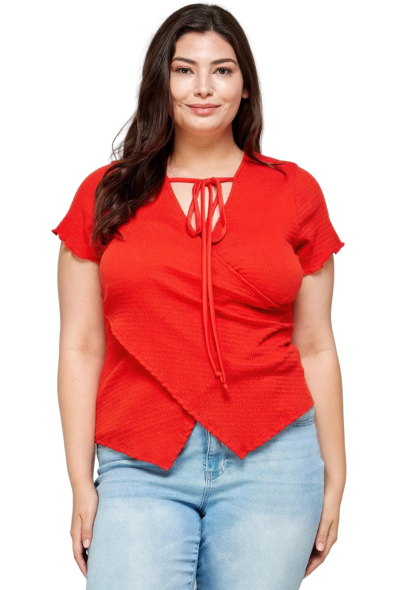 Red wrap style plus size shirt for women's casual wear